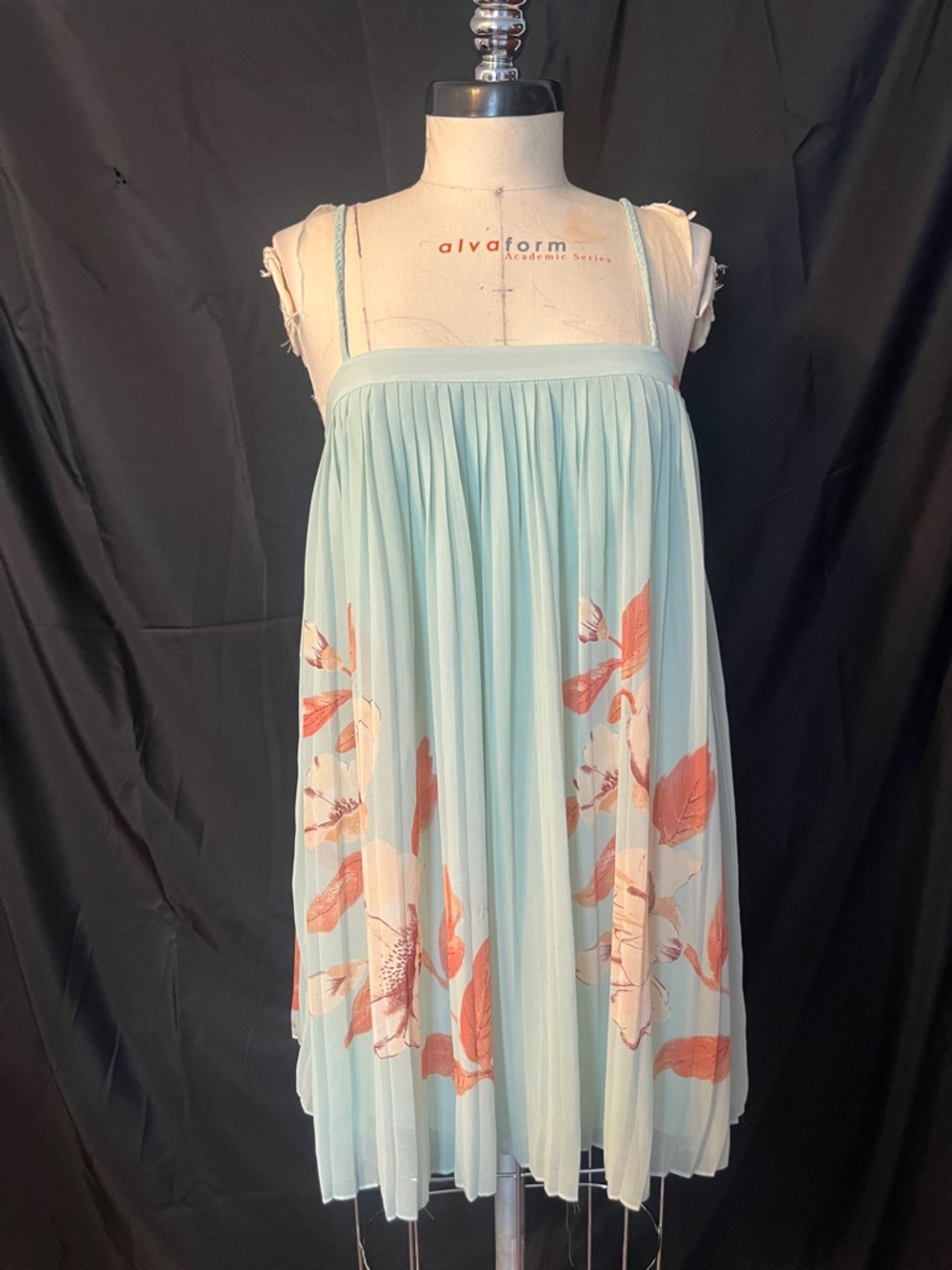 Mint Blue Floral Pleated Spaghetti Strap Dress